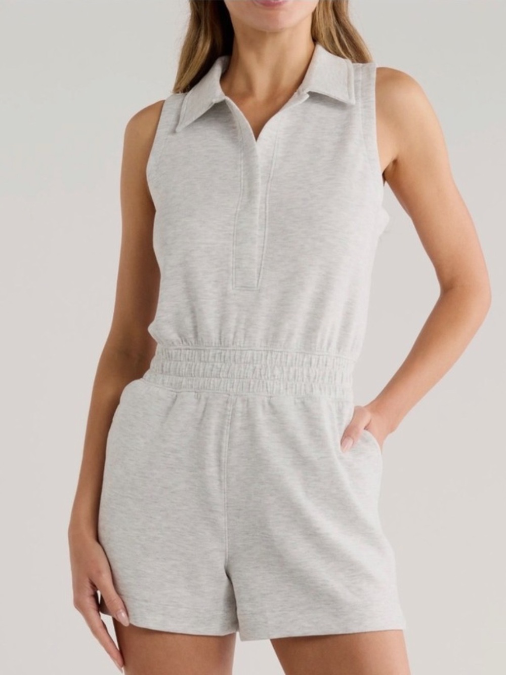 Yogalicious Sleeveless Collared Romper in Light Heather Gray